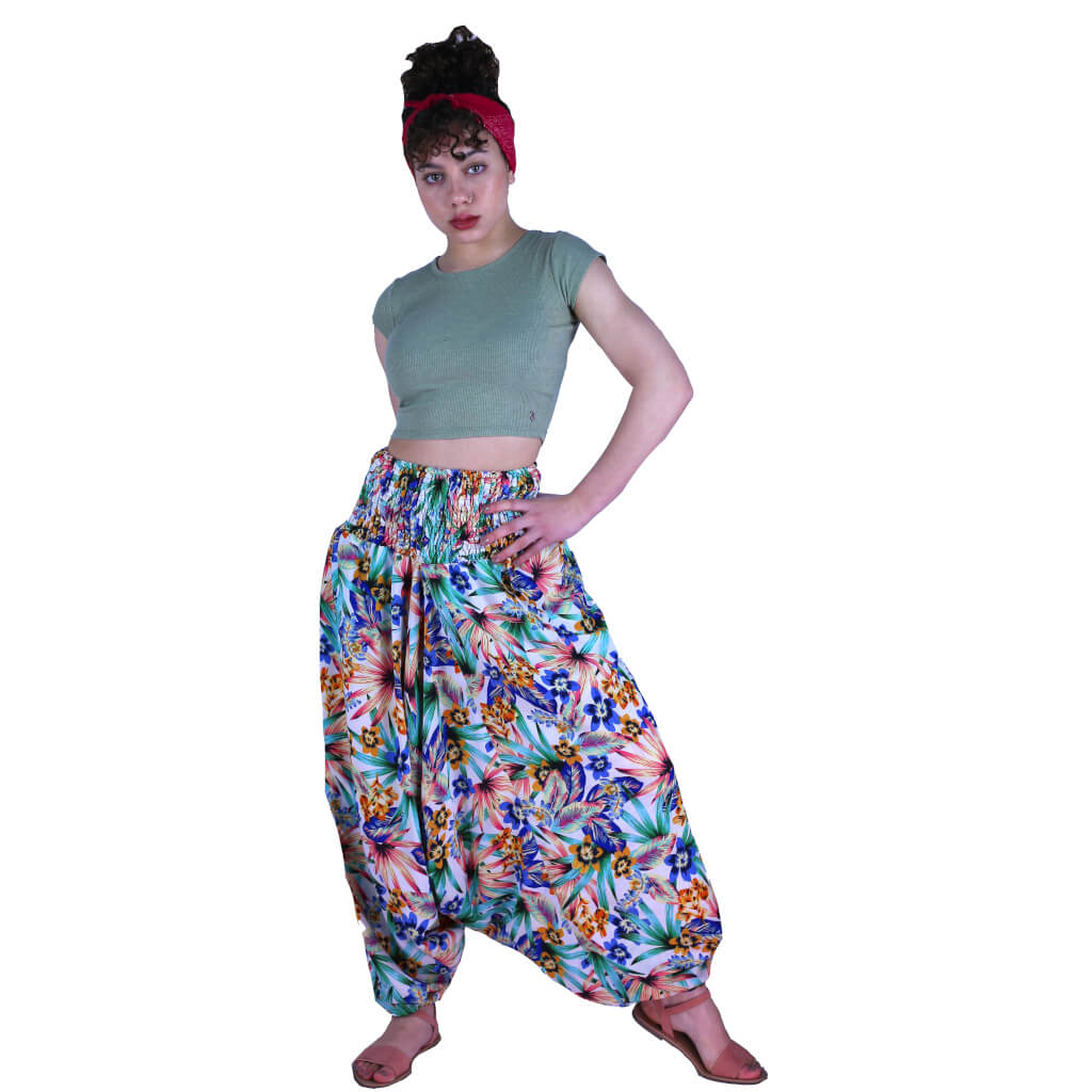 Haremshose Pumphose Pluderhose Hippie Hose Damen geblümt weiß