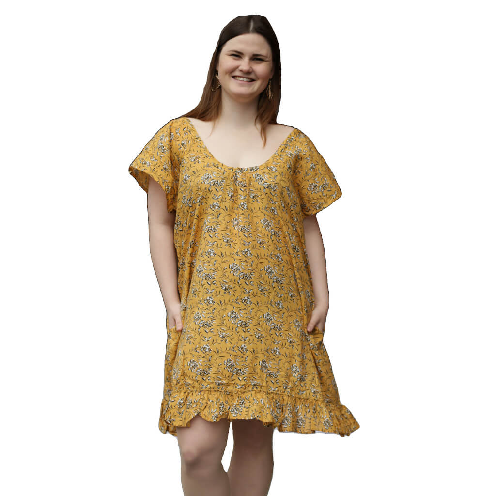 Damen Kleid oversize Kleid gelb Blumenmuster ocker